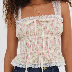 NWT For Love & Lemons Size L — Pink floral Lace Trim Top
